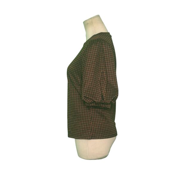 IRIS brown plaid puff short sleeves top size Medium - Picture 6 of 8